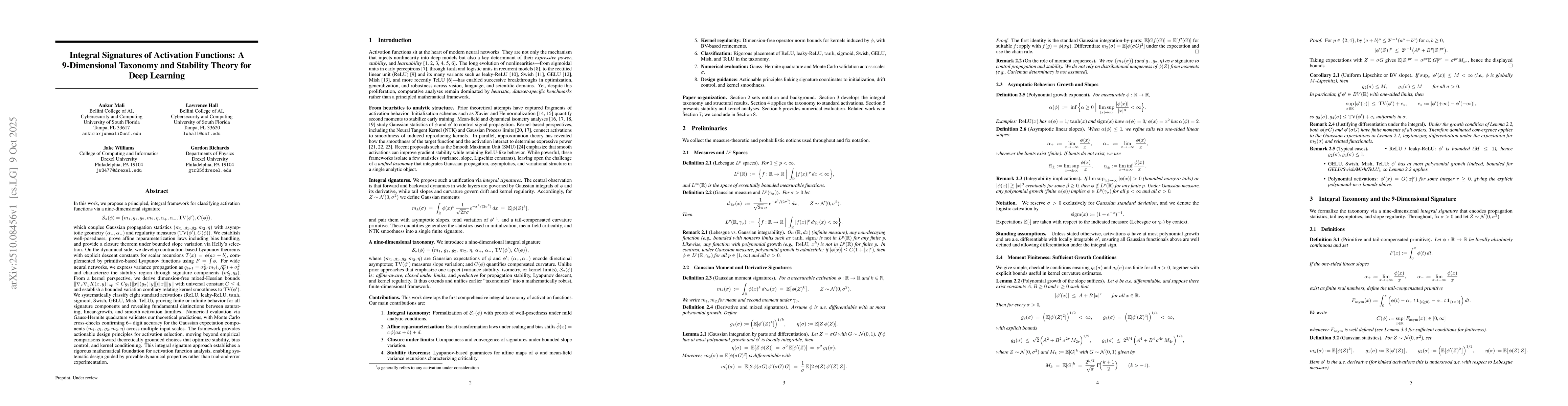 Thumbnail for Integral Signatures of Activation Functions: A 9-Dimensional Taxonomy
  and Stability Theory for Deep Learning