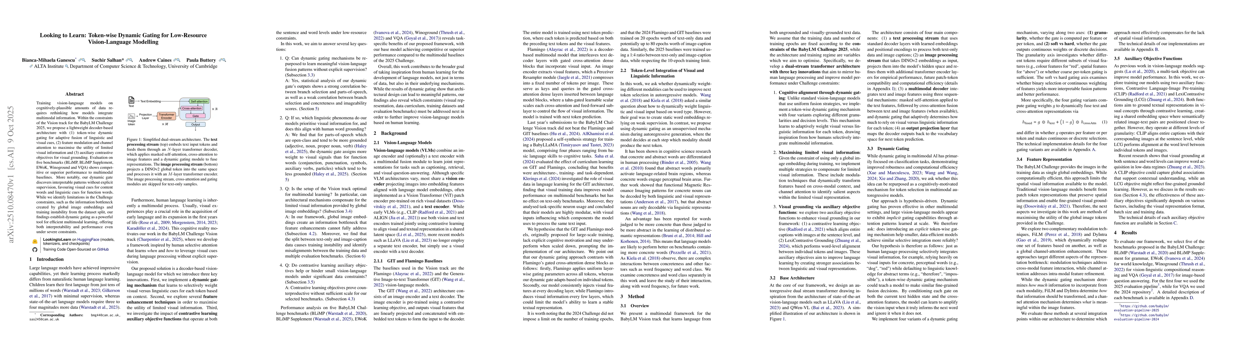 Thumbnail for Looking to Learn: Token-wise Dynamic Gating for Low-Resource
  Vision-Language Modelling