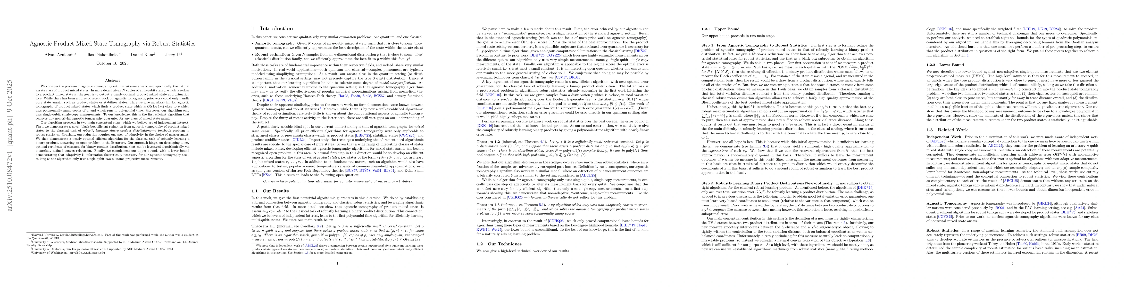 Thumbnail for Agnostic Product Mixed State Tomography via Robust Statistics
