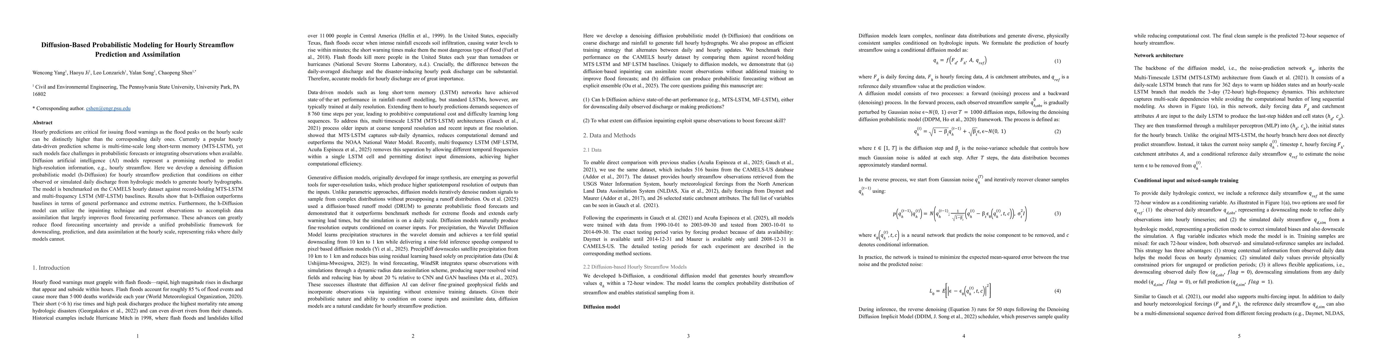Thumbnail for Diffusion-Based Probabilistic Modeling for Hourly Streamflow Prediction
  and Assimilation