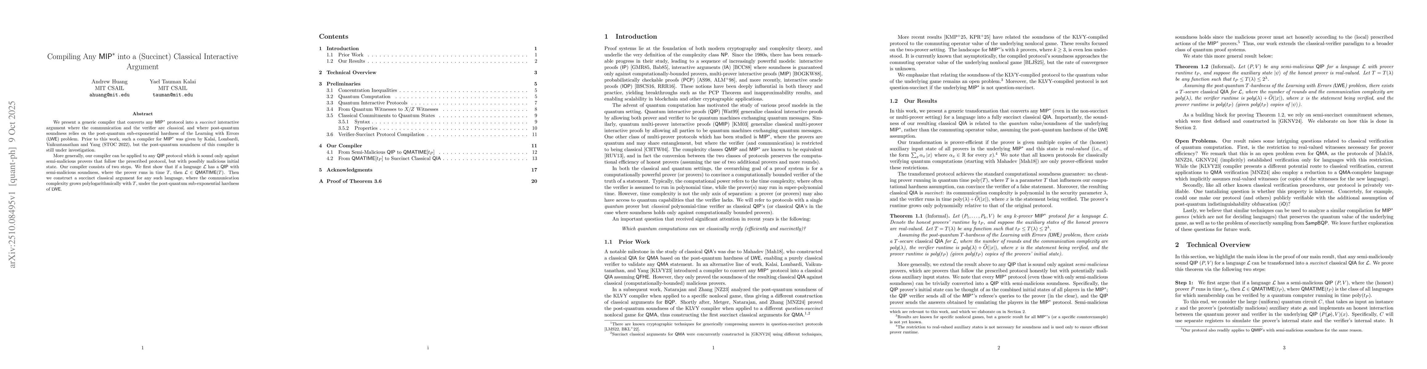 Thumbnail for Compiling Any $\mathsf{MIP}^{*}$ into a (Succinct) Classical Interactive
  Argument