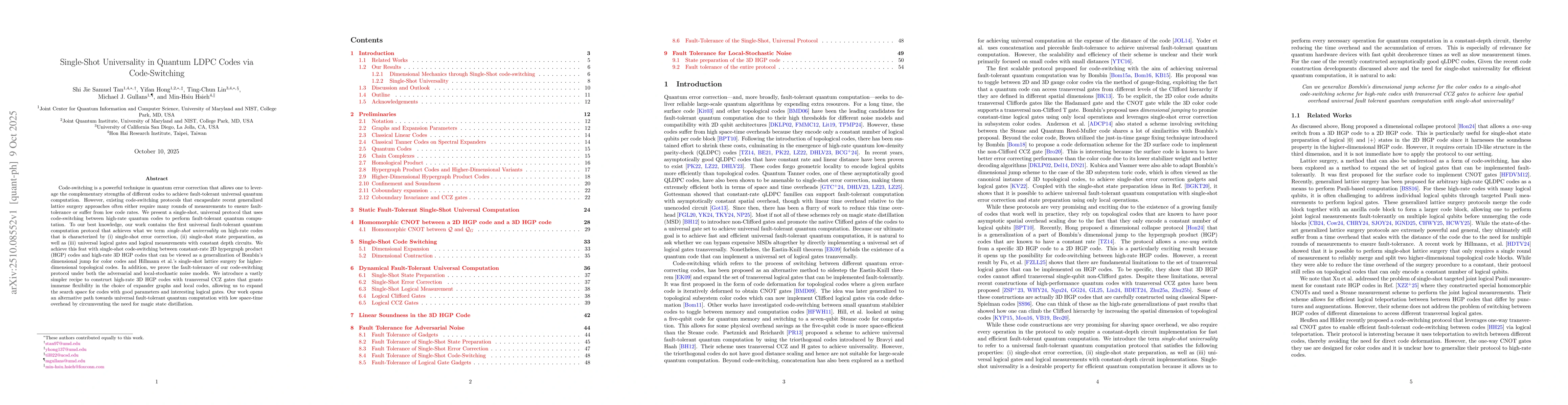 Thumbnail for Single-Shot Universality in Quantum LDPC Codes via Code-Switching