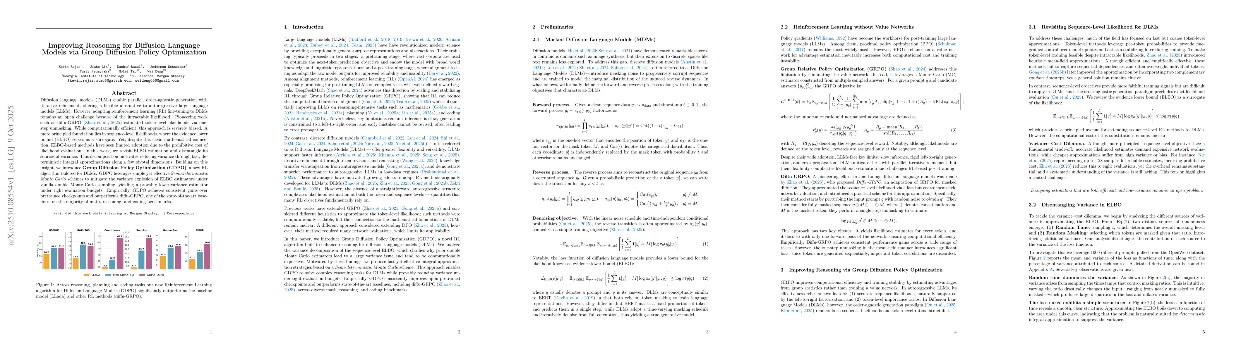 Thumbnail for Improving Reasoning for Diffusion Language Models via Group Diffusion
  Policy Optimization