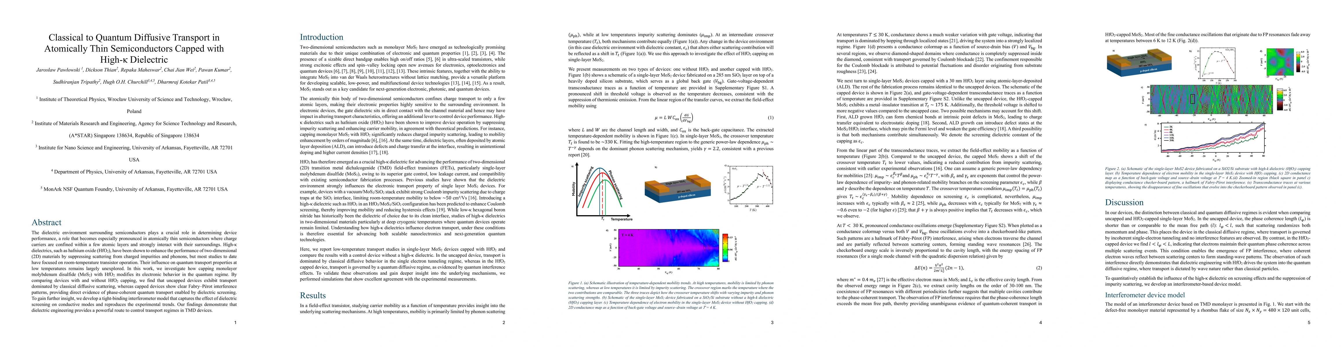 Thumbnail for Classical to Quantum Diffusive Transport in Atomically Thin
  Semiconductors Capped with High-k Dielectric