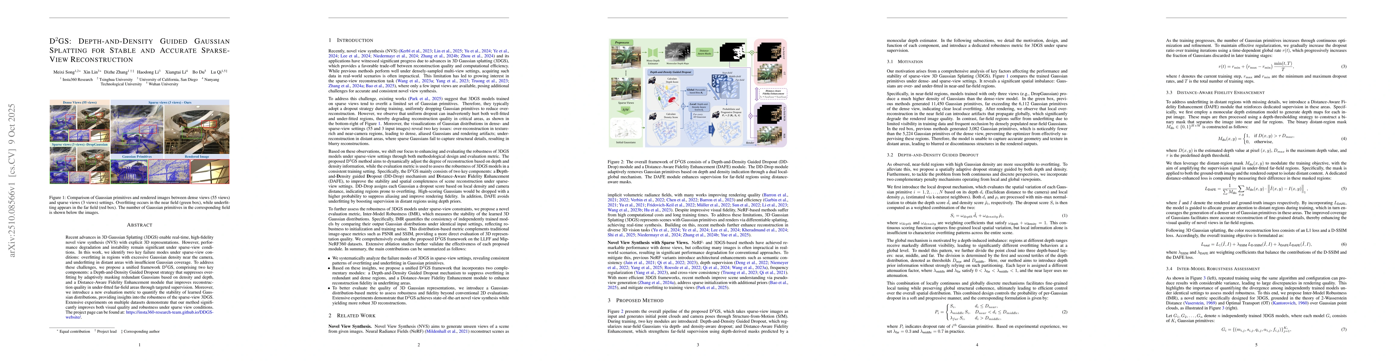 Thumbnail for D$^2$GS: Depth-and-Density Guided Gaussian Splatting for Stable and
  Accurate Sparse-View Reconstruction