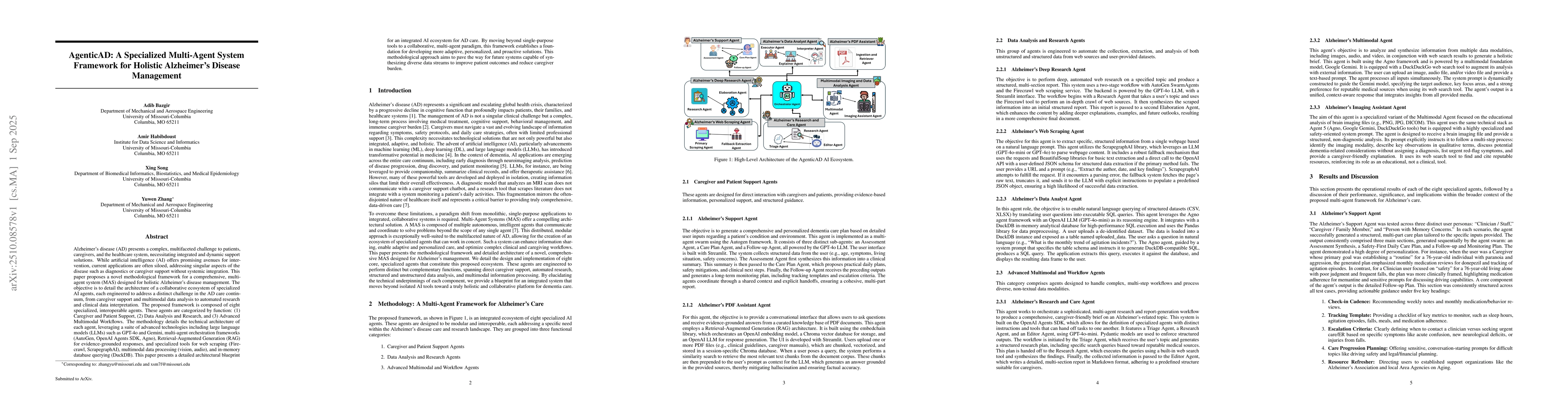 Thumbnail for AgenticAD: A Specialized Multiagent System Framework for Holistic
  Alzheimer Disease Management