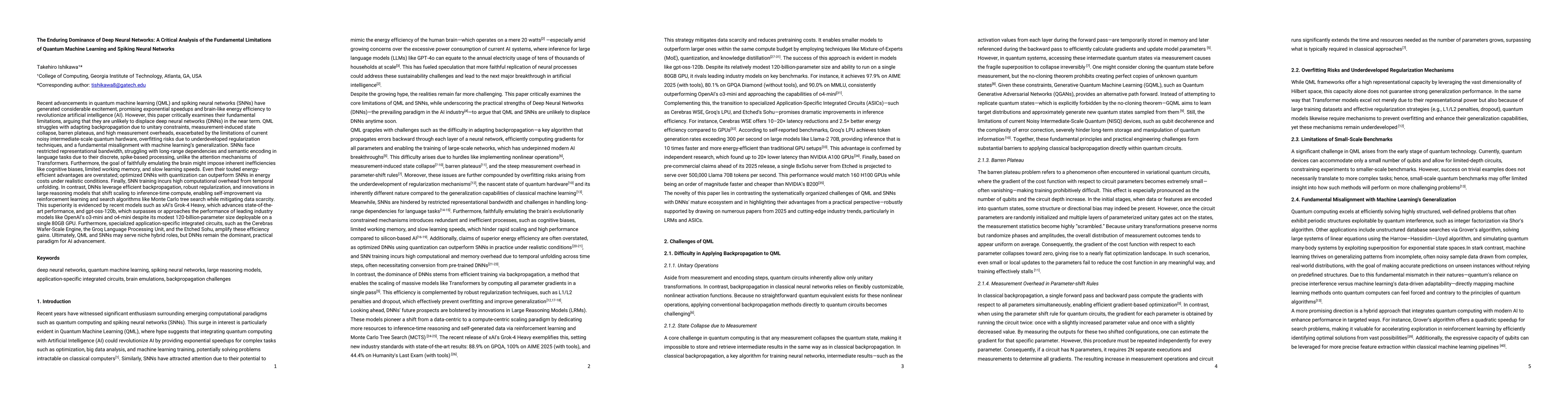 Thumbnail for The Enduring Dominance of Deep Neural Networks: A Critical Analysis of
  the Fundamental Limitations of Quantum Machine Learning and Spiking Neural
  Networks