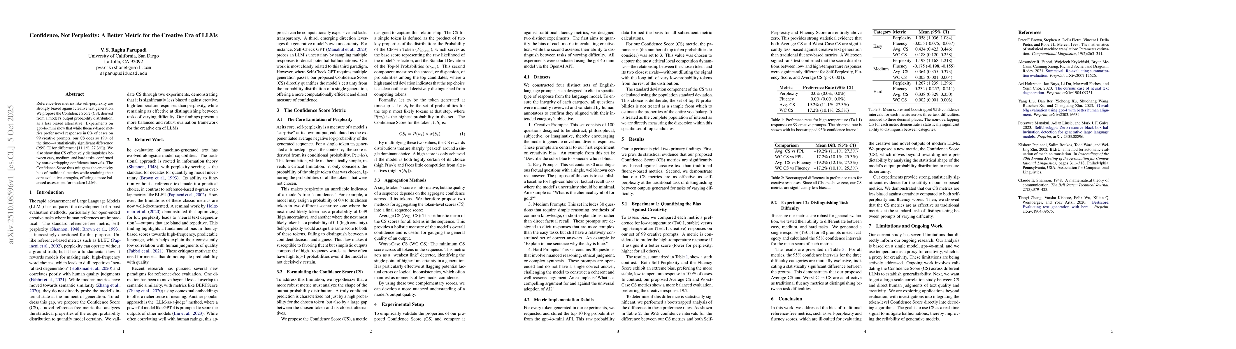 Thumbnail for Confidence, Not Perplexity: A Better Metric for the Creative Era of LLMs