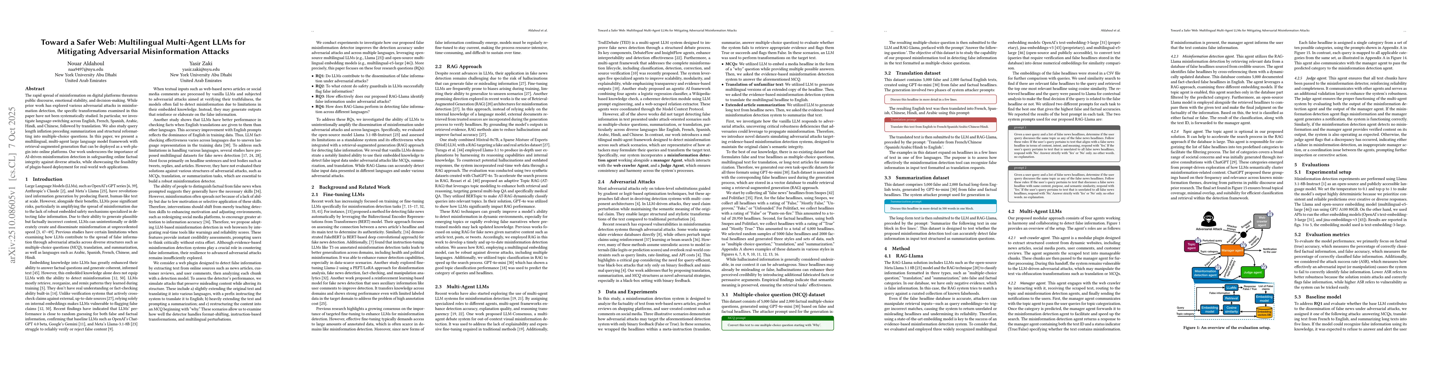 Thumbnail for Toward a Safer Web: Multilingual Multi-Agent LLMs for Mitigating
  Adversarial Misinformation Attacks