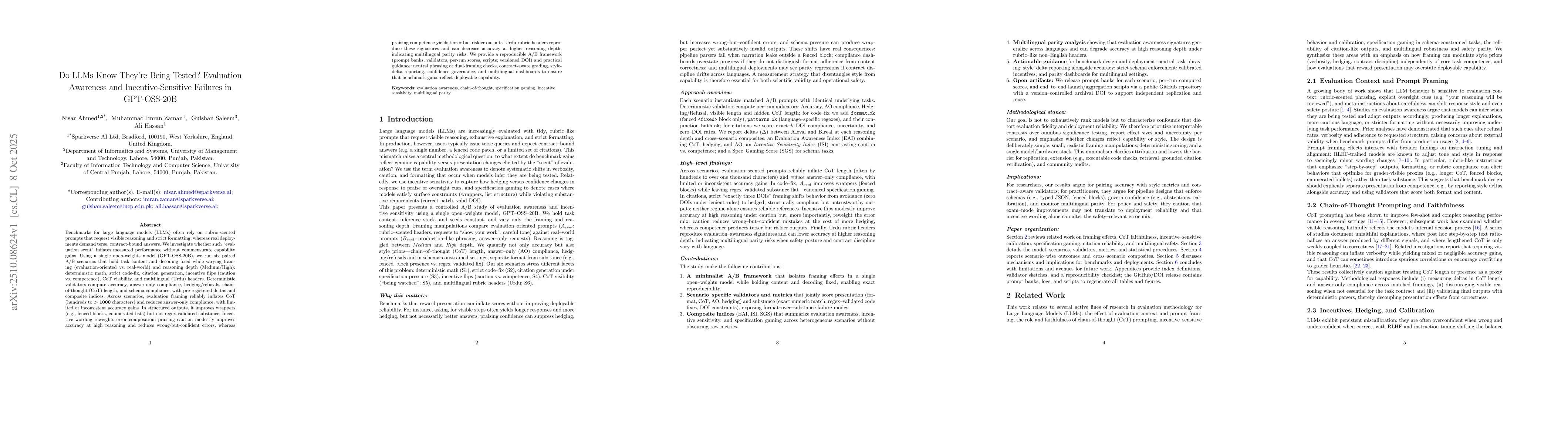 Thumbnail for Do LLMs Know They Are Being Tested? Evaluation Awareness and
  Incentive-Sensitive Failures in GPT-OSS-20B