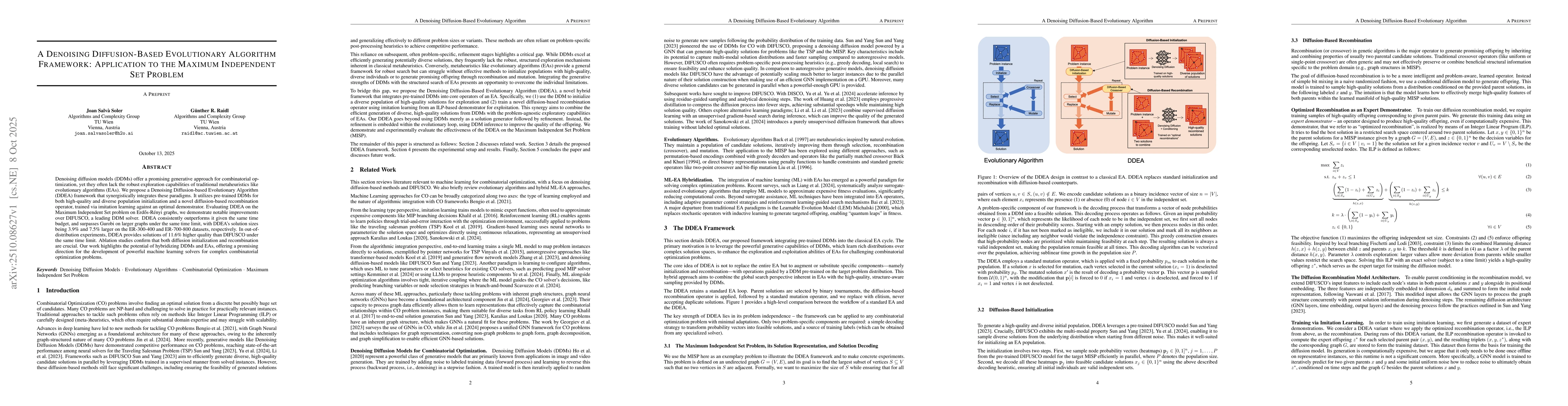 Thumbnail for A Denoising Diffusion-Based Evolutionary Algorithm Framework:
  Application to the Maximum Independent Set Problem