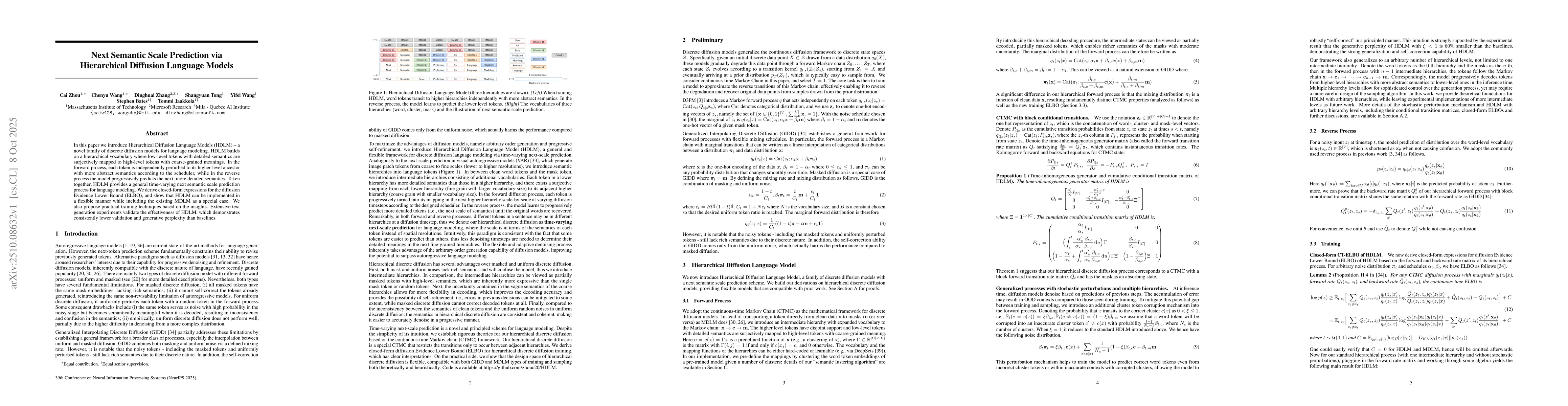 Thumbnail for Next Semantic Scale Prediction via Hierarchical Diffusion Language
  Models