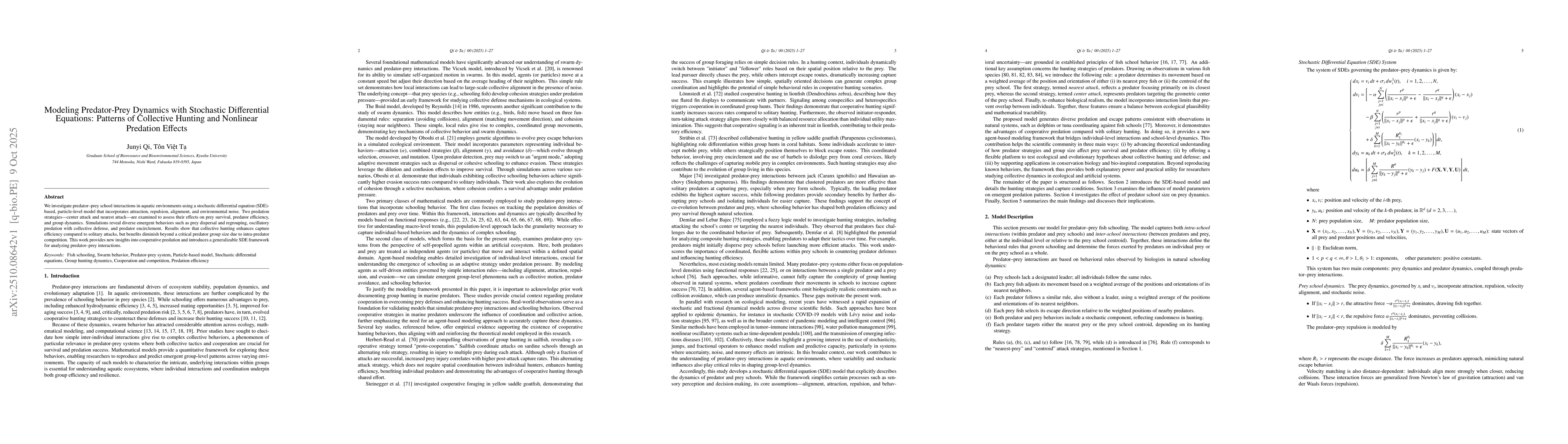 Thumbnail for Modeling Predator-Prey Dynamics with Stochastic Differential Equations:
  Patterns of Collective Hunting and Nonlinear Predation Effects
