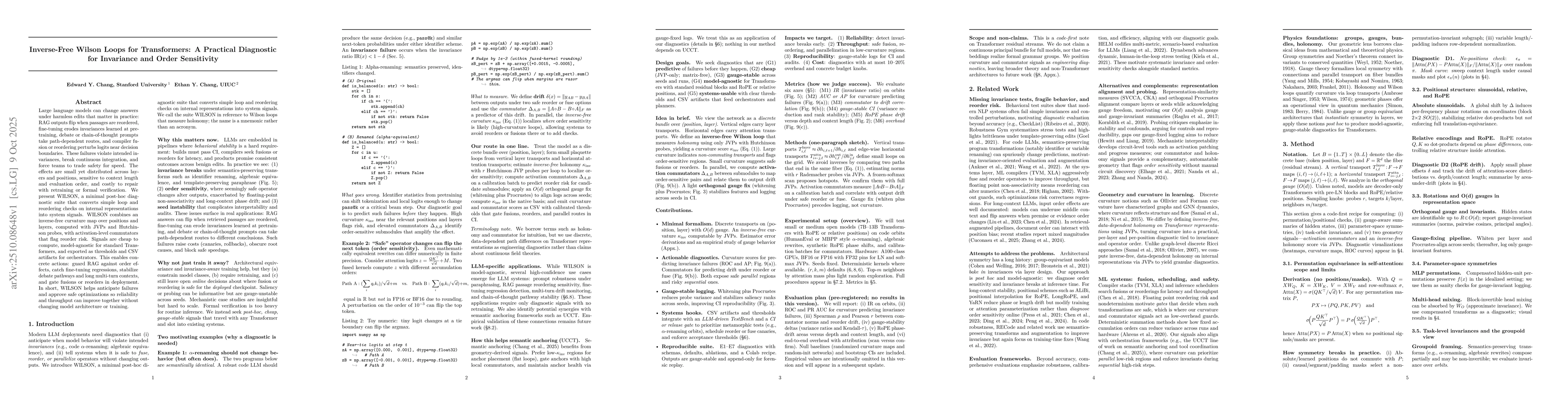 Thumbnail for Inverse-Free Wilson Loops for Transformers: A Practical Diagnostic for
  Invariance and Order Sensitivity