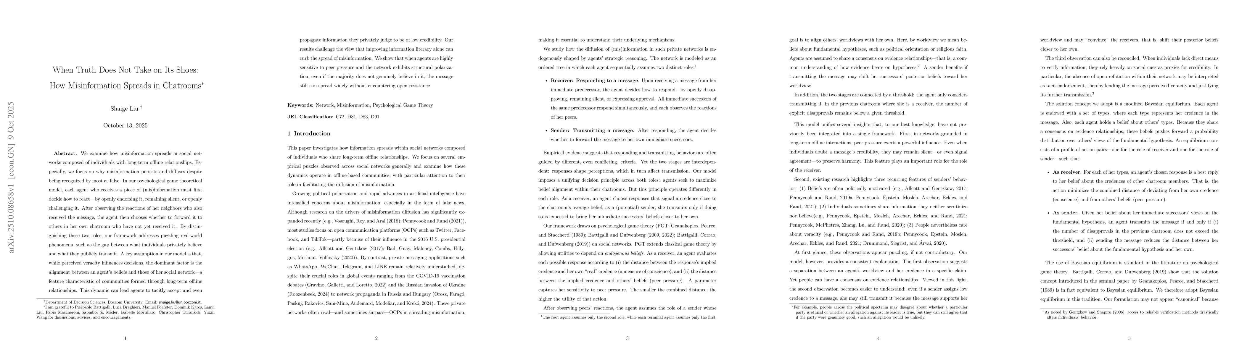 Thumbnail for When Truth Does Not Take on Its Shoes: How Misinformation Spreads in
  Chatrooms