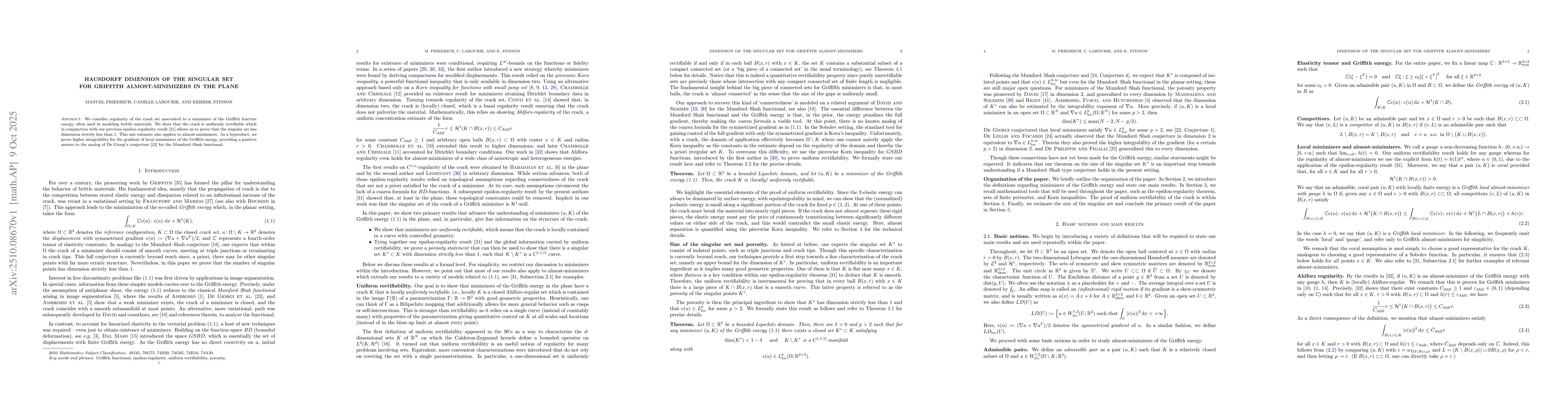 Thumbnail for Hausdorff dimension of the singular set for Griffith almost-minimizers
  in the plane