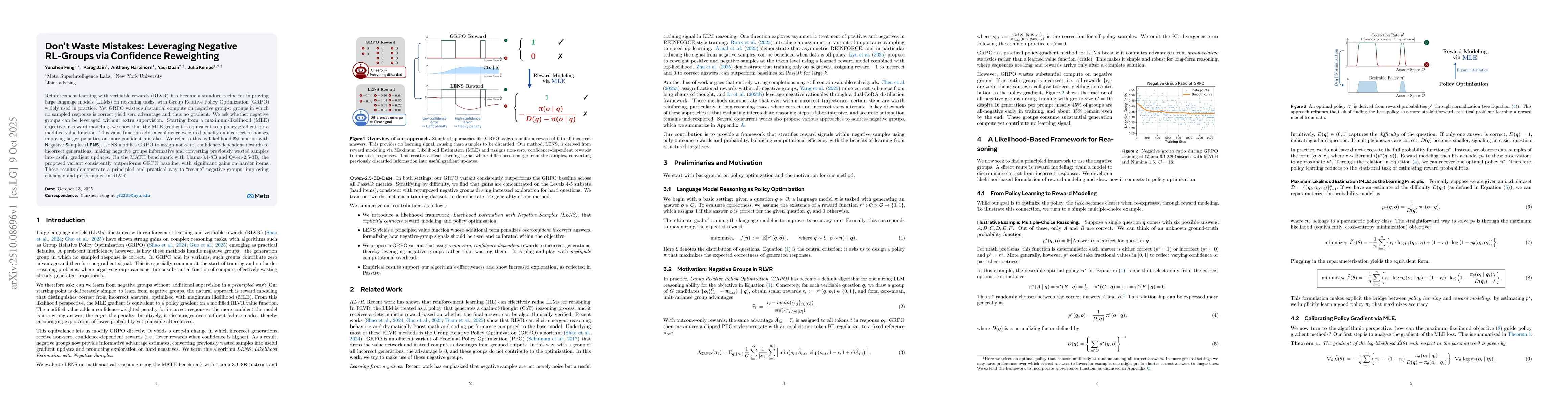 Thumbnail for Don't Waste Mistakes: Leveraging Negative RL-Groups via Confidence
  Reweighting