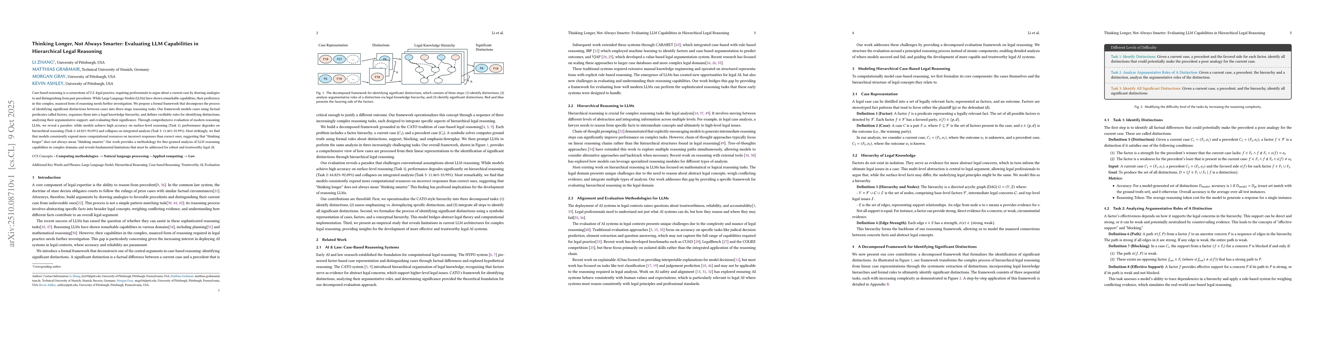 Thumbnail for Thinking Longer, Not Always Smarter: Evaluating LLM Capabilities in
  Hierarchical Legal Reasoning