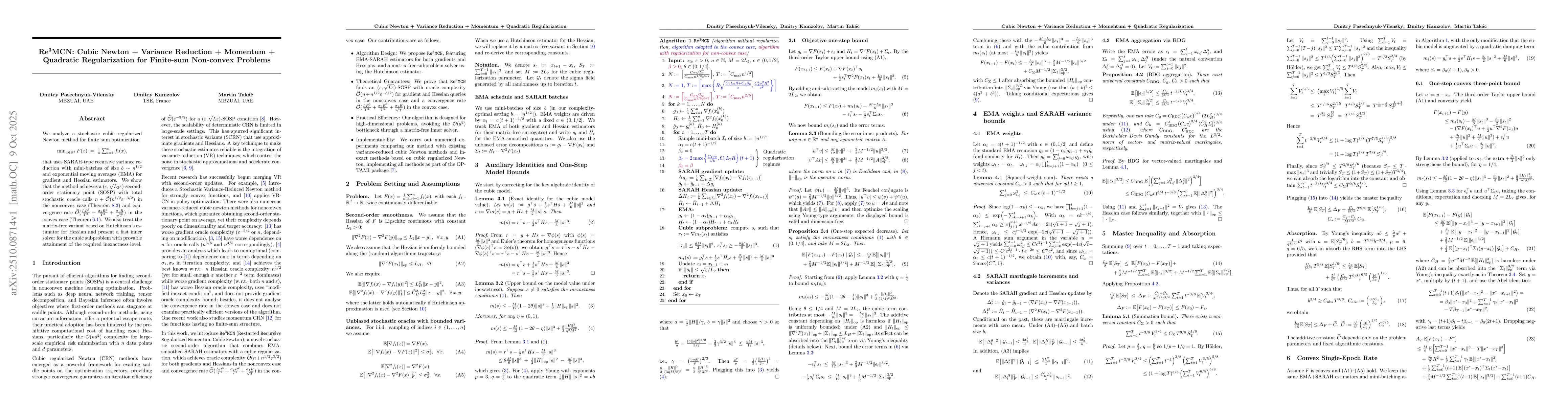 Thumbnail for Re$^3$MCN: Cubic Newton + Variance Reduction + Momentum + Quadratic
  Regularization for Finite-sum Non-convex Problems