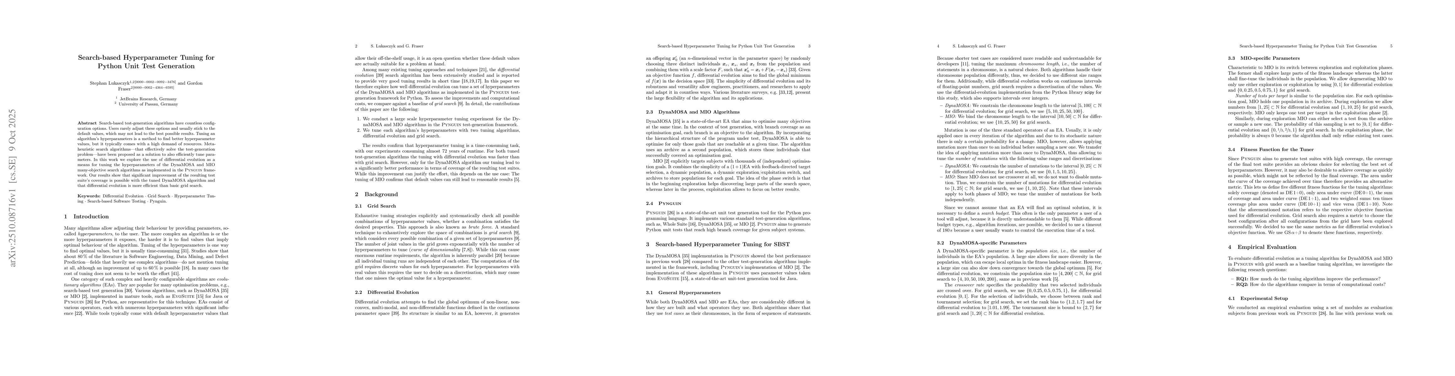 Thumbnail for Search-based Hyperparameter Tuning for Python Unit Test Generation