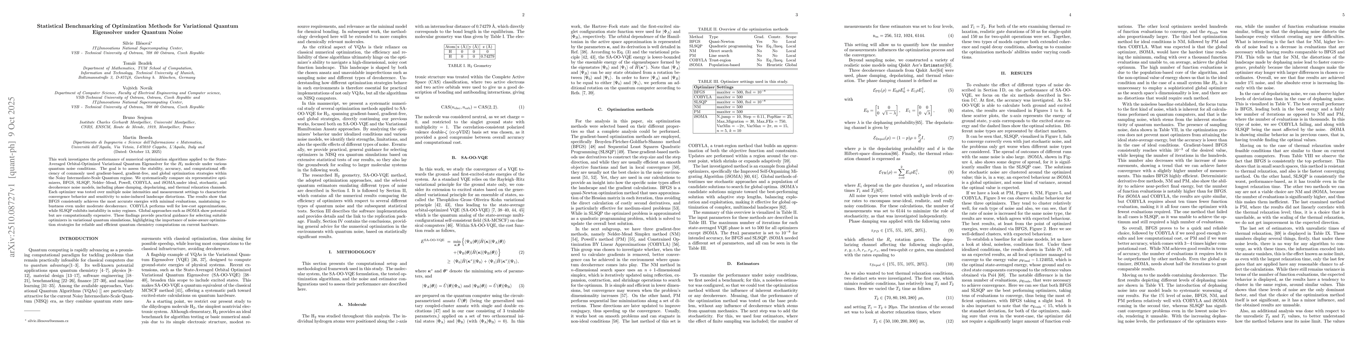Thumbnail for Statistical Benchmarking of Optimization Methods for Variational Quantum
  Eigensolver under Quantum Noise