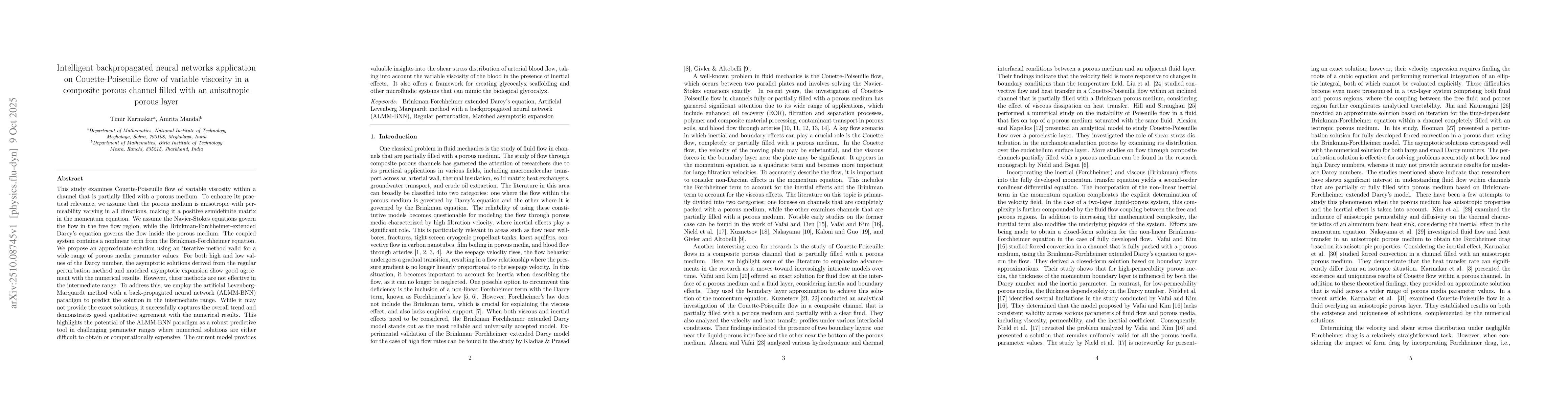 Thumbnail for Intelligent backpropagated neural networks application on
  Couette-Poiseuille flow of variable viscosity in a composite porous channel
  filled with an anisotropic porous layer