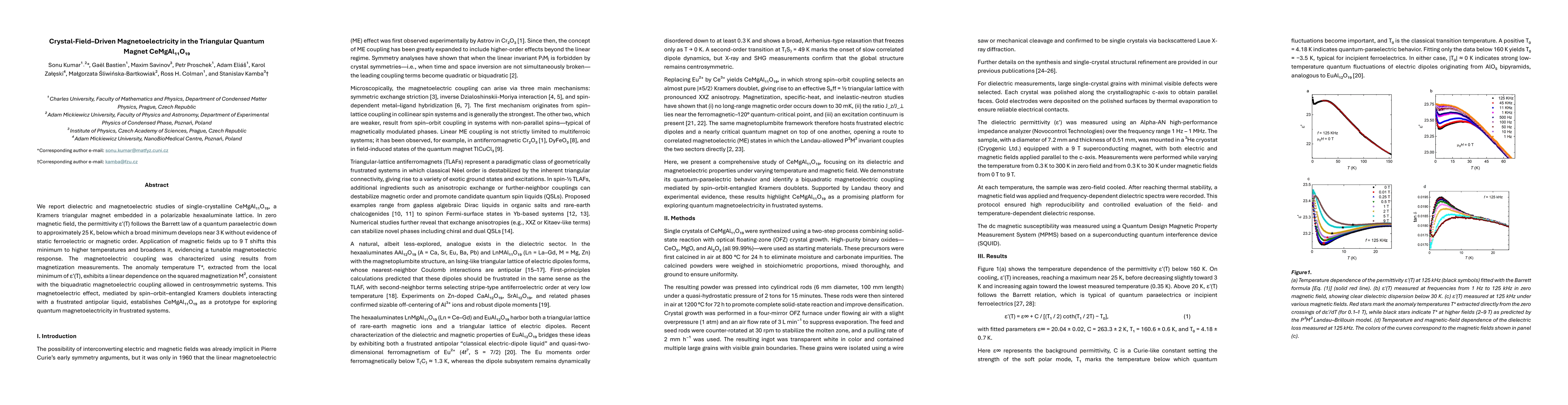 Thumbnail for Crystal-Field--Driven Magnetoelectricity in the Triangular Quantum
  Magnet CeMgAl$_{11}$O$_{19}$