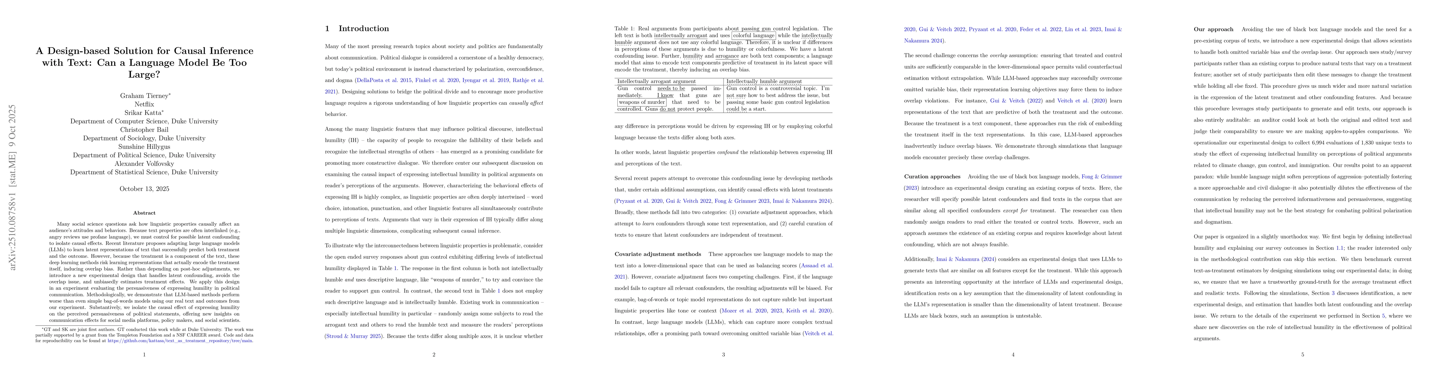 Thumbnail for A Design-based Solution for Causal Inference with Text: Can a Language
  Model Be Too Large?