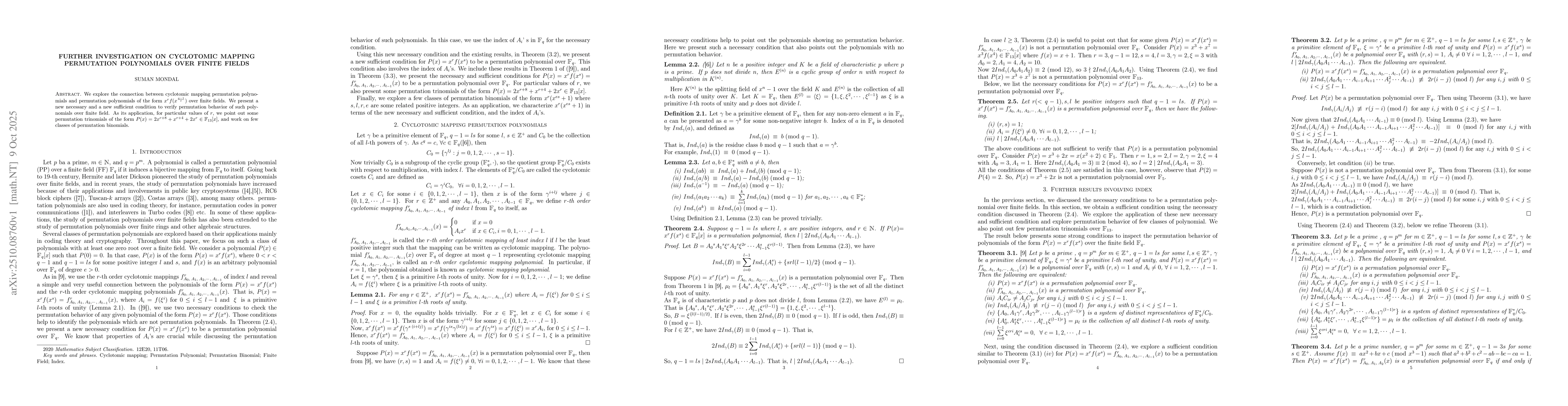 Thumbnail for Further Investigation on Cyclotomic Mapping Permutation Polynomials over
  Finite Fields