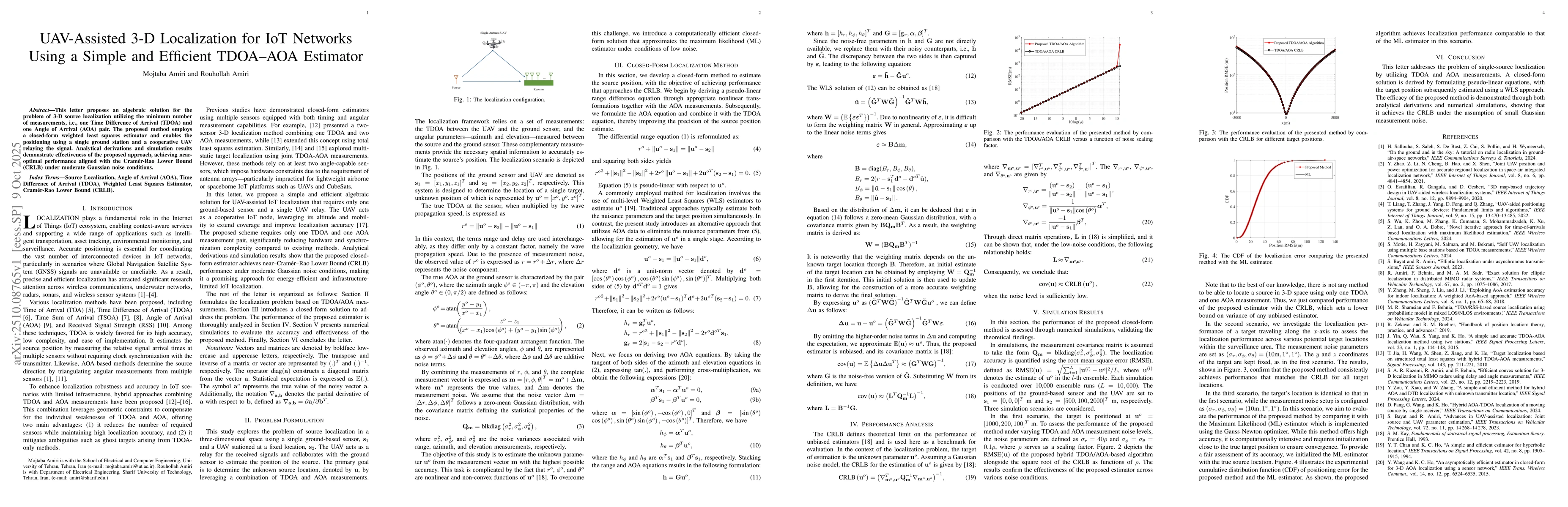 Thumbnail for UAV-Assisted 3-D Localization for IoT Networks Using a Simple and
  Efficient TDOA-AOA Estimator