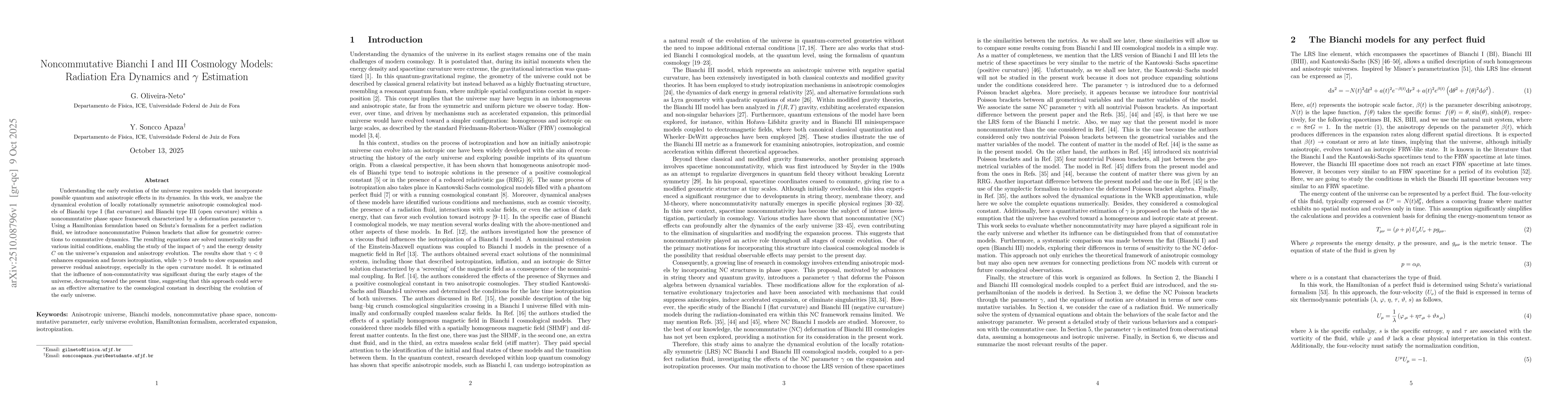 Thumbnail for Noncommutative Bianchi I and III Cosmology Models: Radiation Era
  Dynamics and gamma Estimation