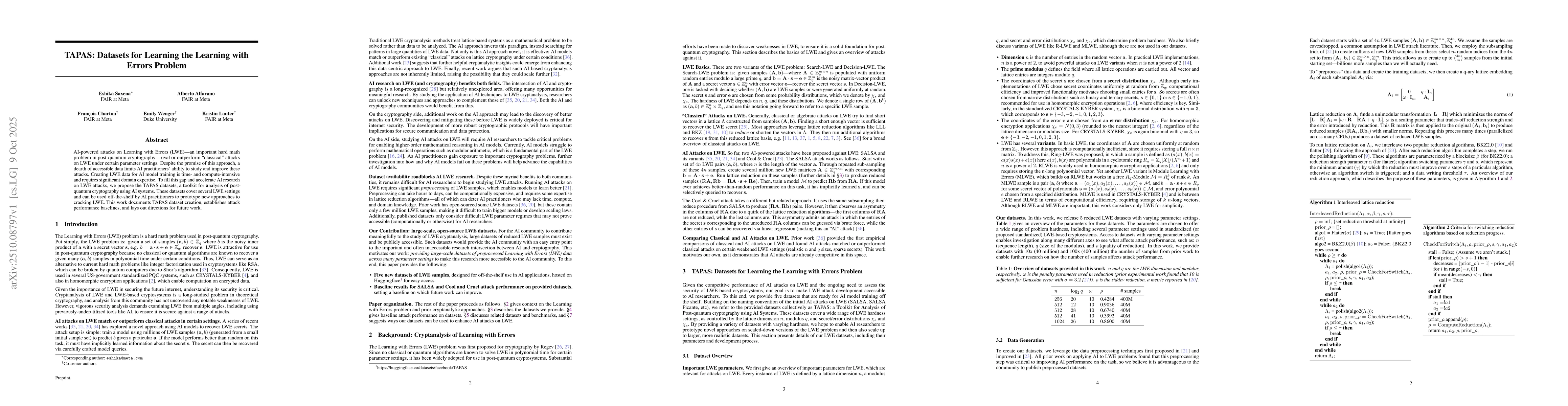 Thumbnail for TAPAS: Datasets for Learning the Learning with Errors Problem