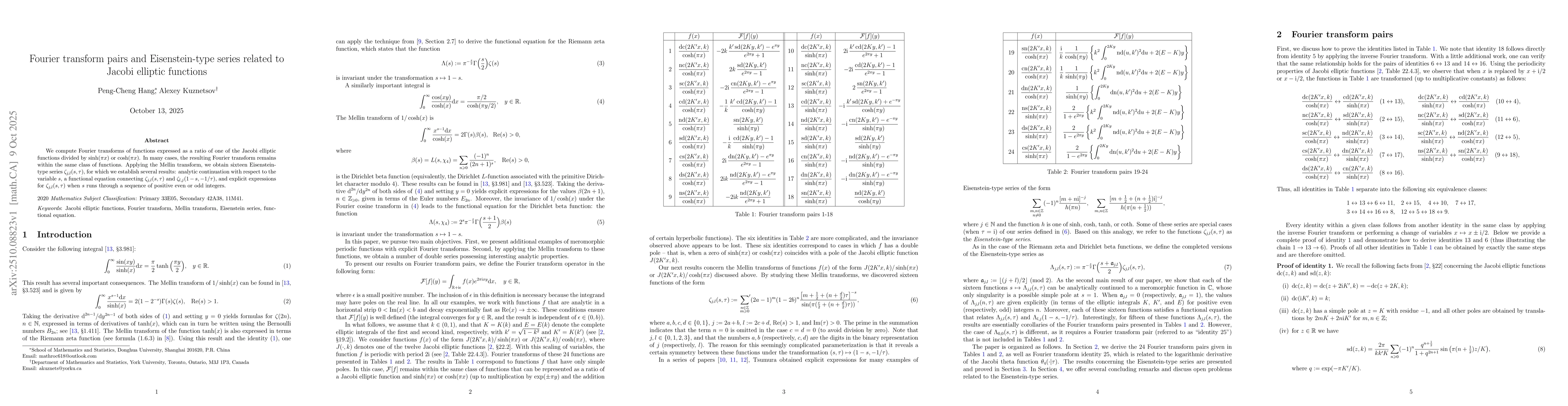 Thumbnail for Fourier transform pairs and Eisenstein-type series related to Jacobi
  elliptic functions