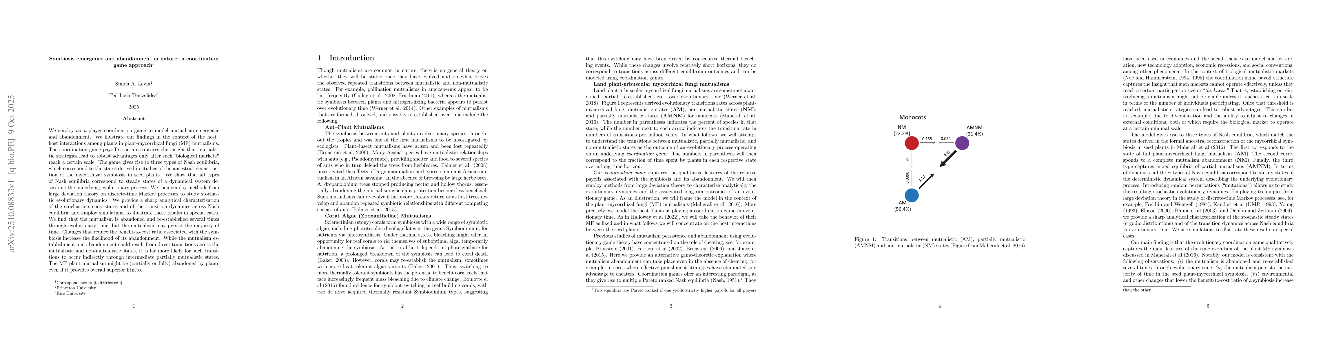 Thumbnail for Symbiosis emergence and abandonment in nature: a coordination game
  approach