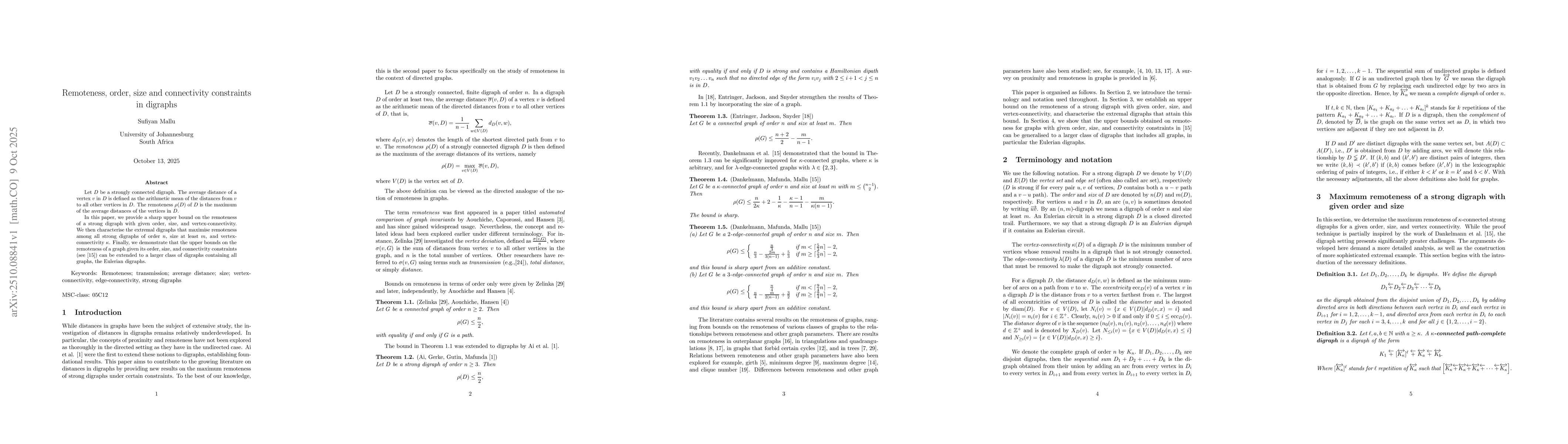 Thumbnail for Remoteness, order, size and connectivity constraints in digraphs