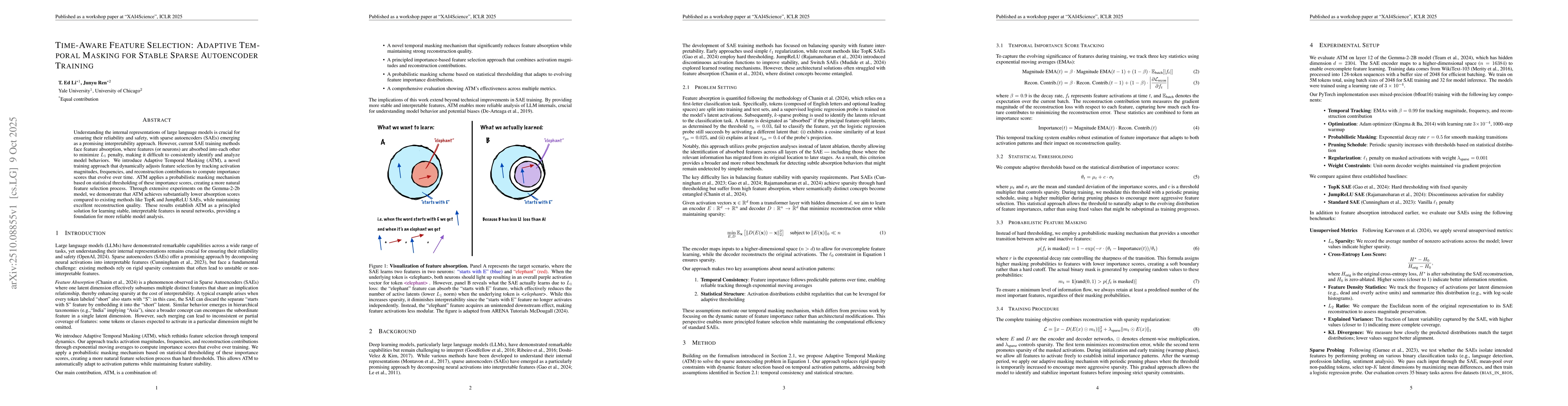 Thumbnail for Time-Aware Feature Selection: Adaptive Temporal Masking for Stable
  Sparse Autoencoder Training