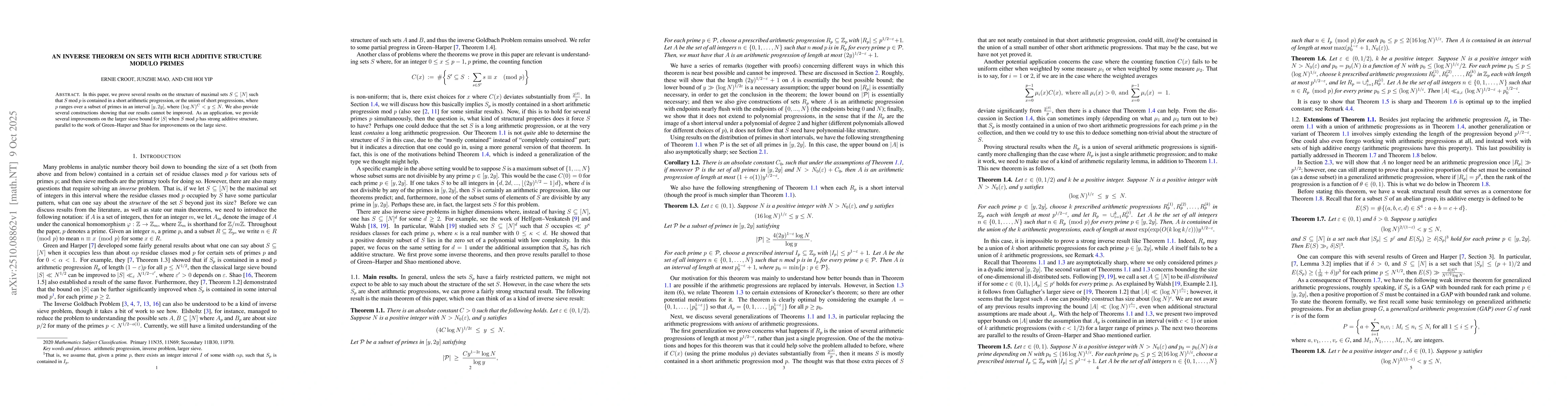 Thumbnail for An inverse theorem on sets with rich additive structure modulo primes