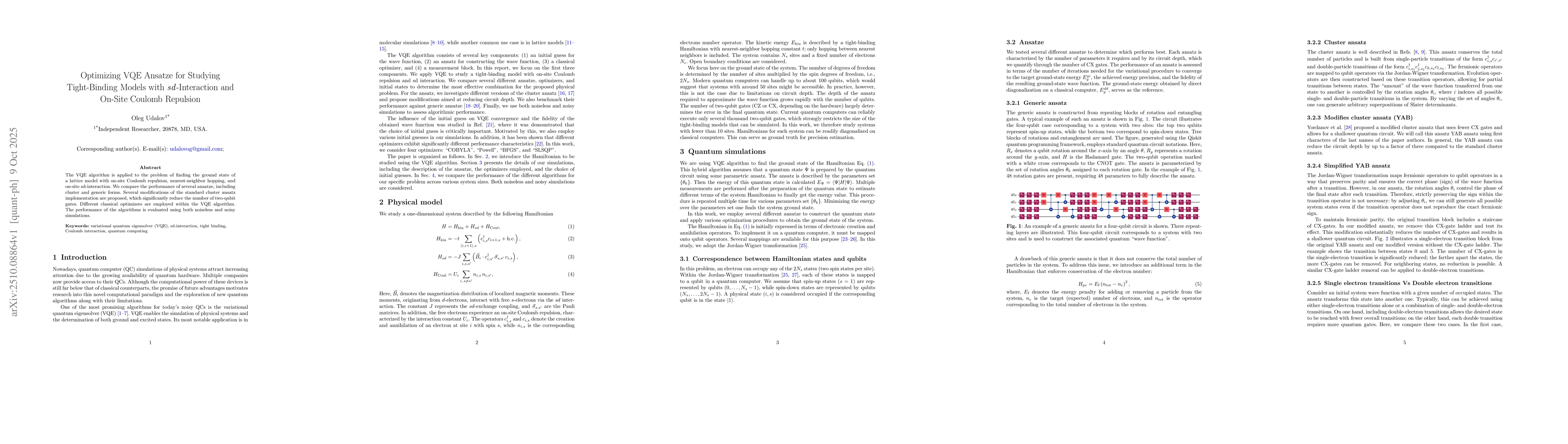 Thumbnail for Optimizing VQE Ansatz for Studying Tight-Binding Models with
  \textit{sd}-Interaction and On-Site Coulomb Repulsion