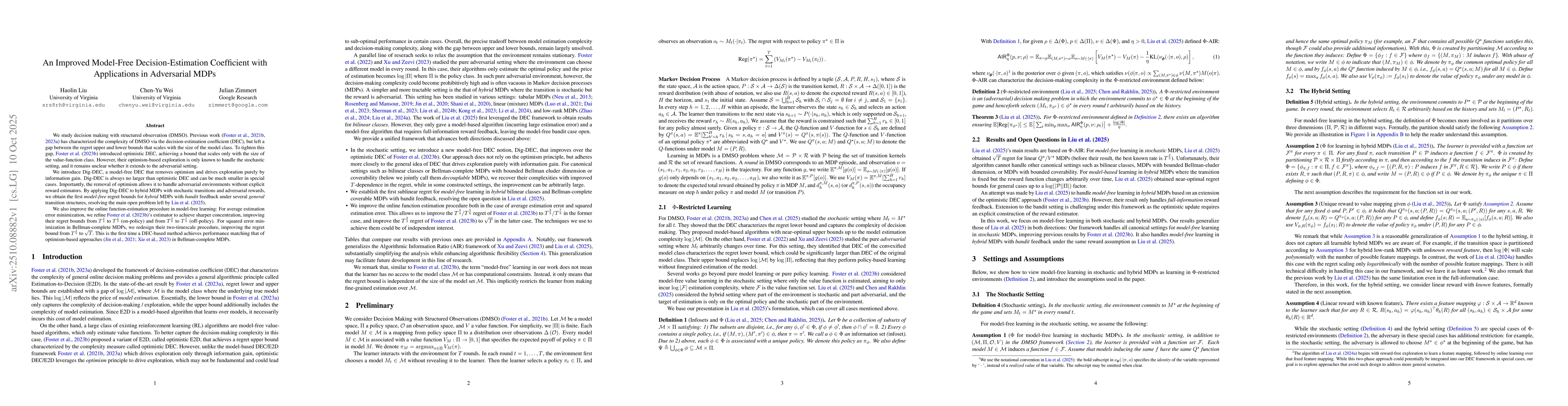 Thumbnail for An Improved Model-Free Decision-Estimation Coefficient with Applications
  in Adversarial MDPs