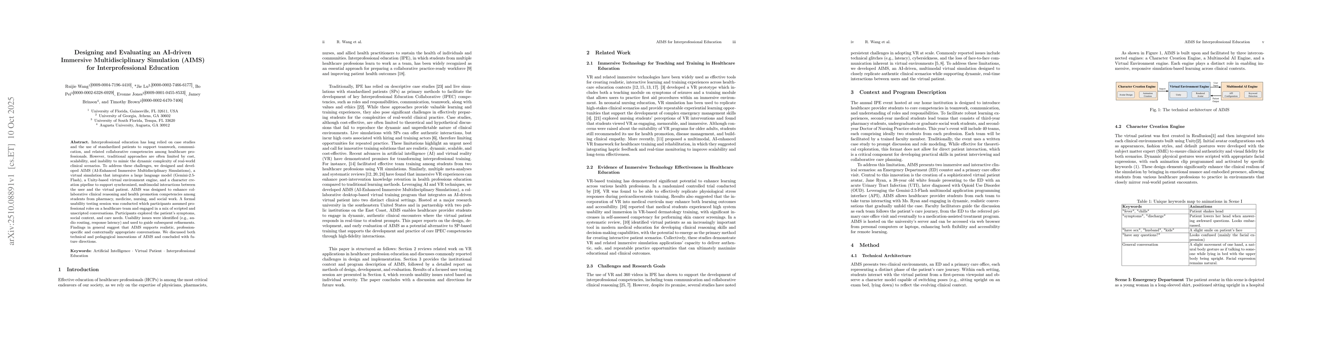 Thumbnail for Designing and Evaluating an AI-driven Immersive Multidisciplinary
  Simulation (AIMS) for Interprofessional Education