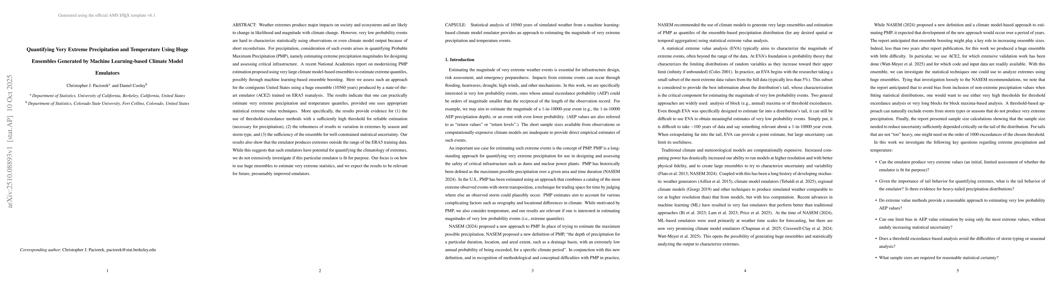 Thumbnail for Quantifying Very Extreme Precipitation and Temperature Using Huge
  Ensembles Generated by Machine Learning-based Climate Model Emulators