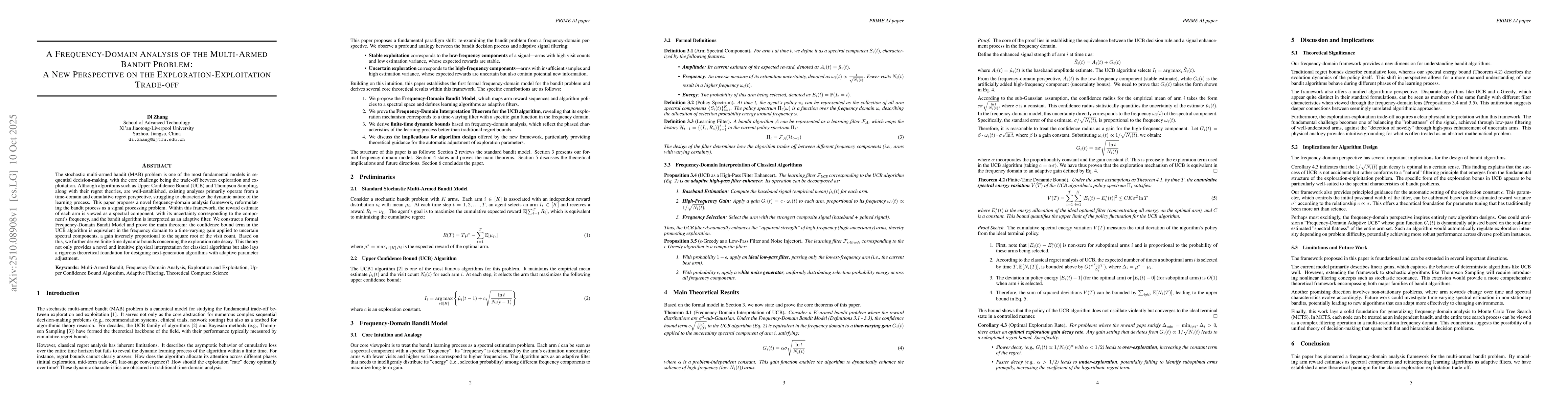 Thumbnail for A Frequency-Domain Analysis of the Multi-Armed Bandit Problem: A New
  Perspective on the Exploration-Exploitation Trade-off