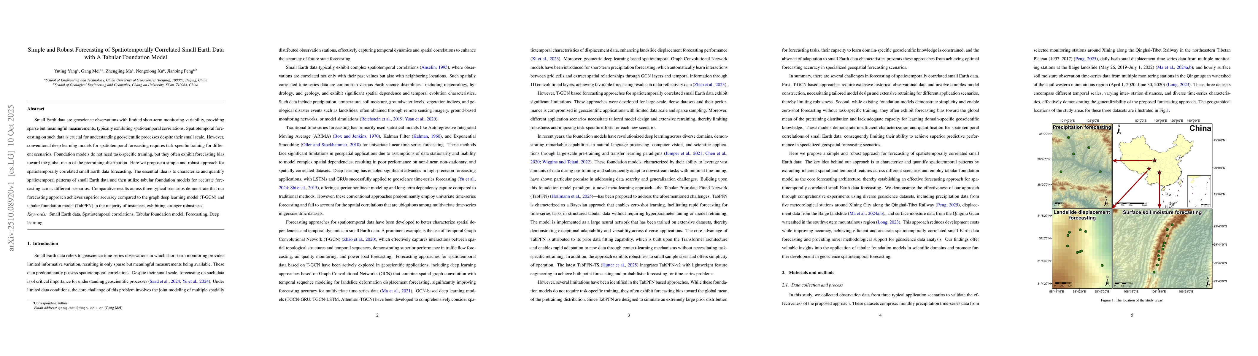 Thumbnail for Simple and Robust Forecasting of Spatiotemporally Correlated Small Earth
  Data with A Tabular Foundation Model