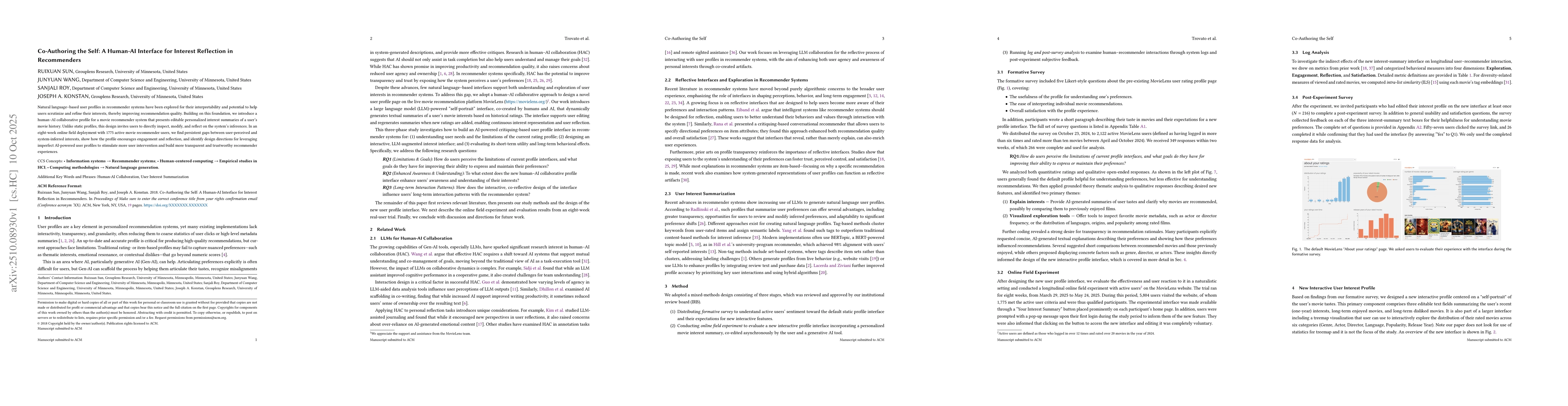 Thumbnail for Co-Authoring the Self: A Human-AI Interface for Interest Reflection in
  Recommenders