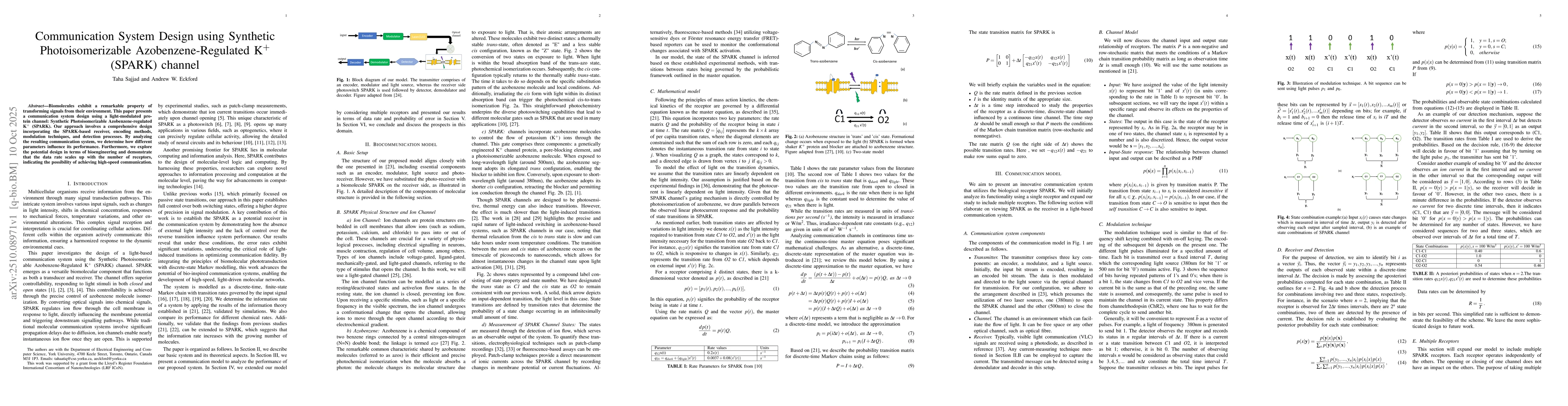 Thumbnail for Communication System Design using Synthetic Photoisomerizable
  Azobenzene-Regulated K+(SPARK) channel