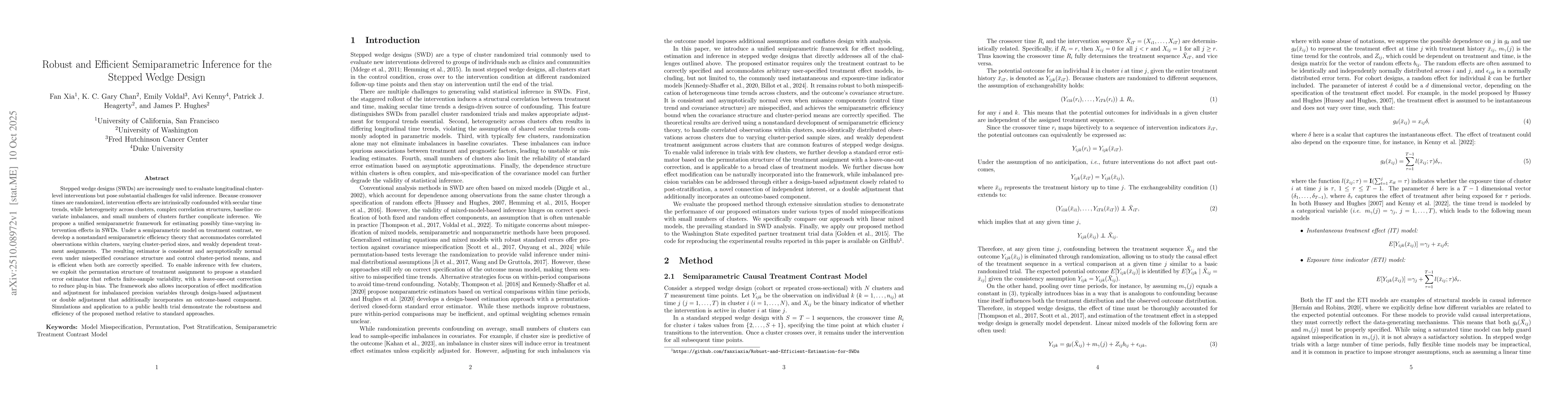 Thumbnail for Robust and Efficient Semiparametric Inference for the Stepped Wedge
  Design