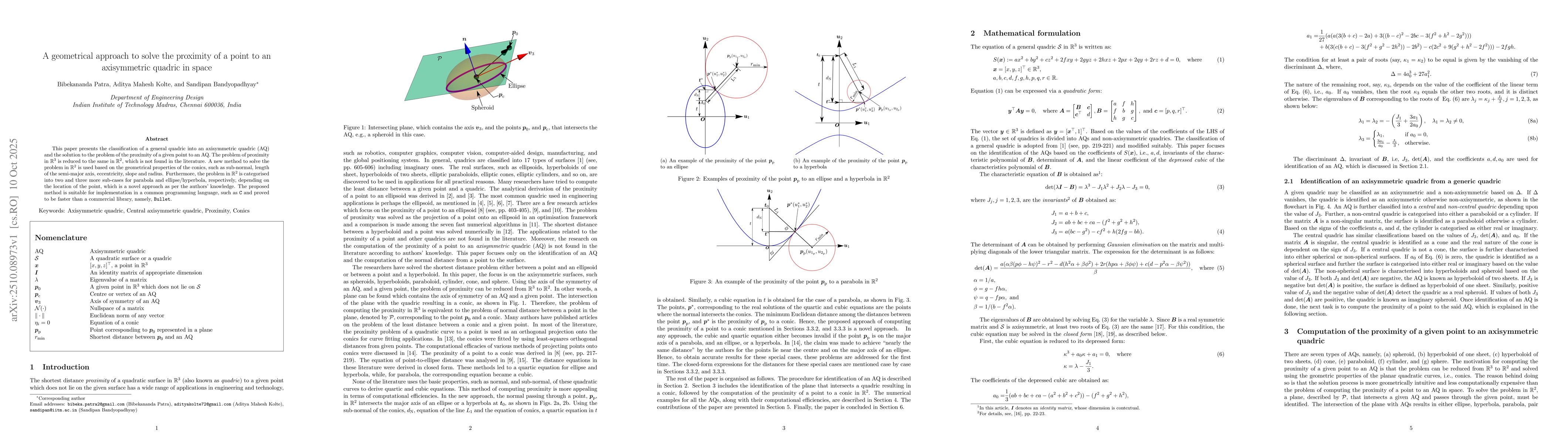 Thumbnail for A geometrical approach to solve the proximity of a point to an
  axisymmetric quadric in space