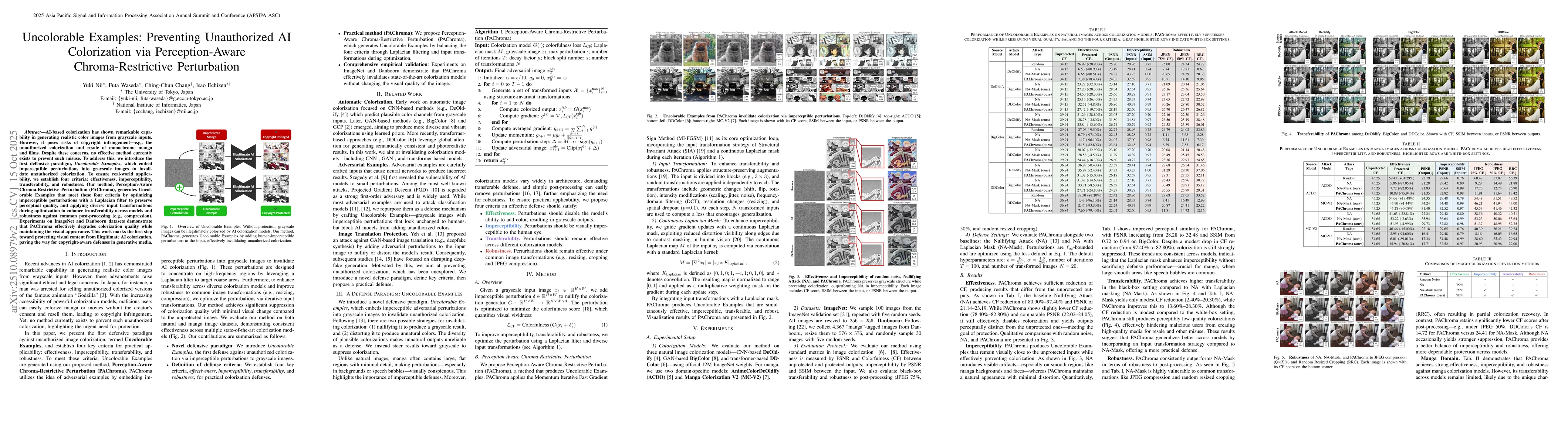 Thumbnail for Uncolorable Examples: Preventing Unauthorized AI Colorization via
  Perception-Aware Chroma-Restrictive Perturbation