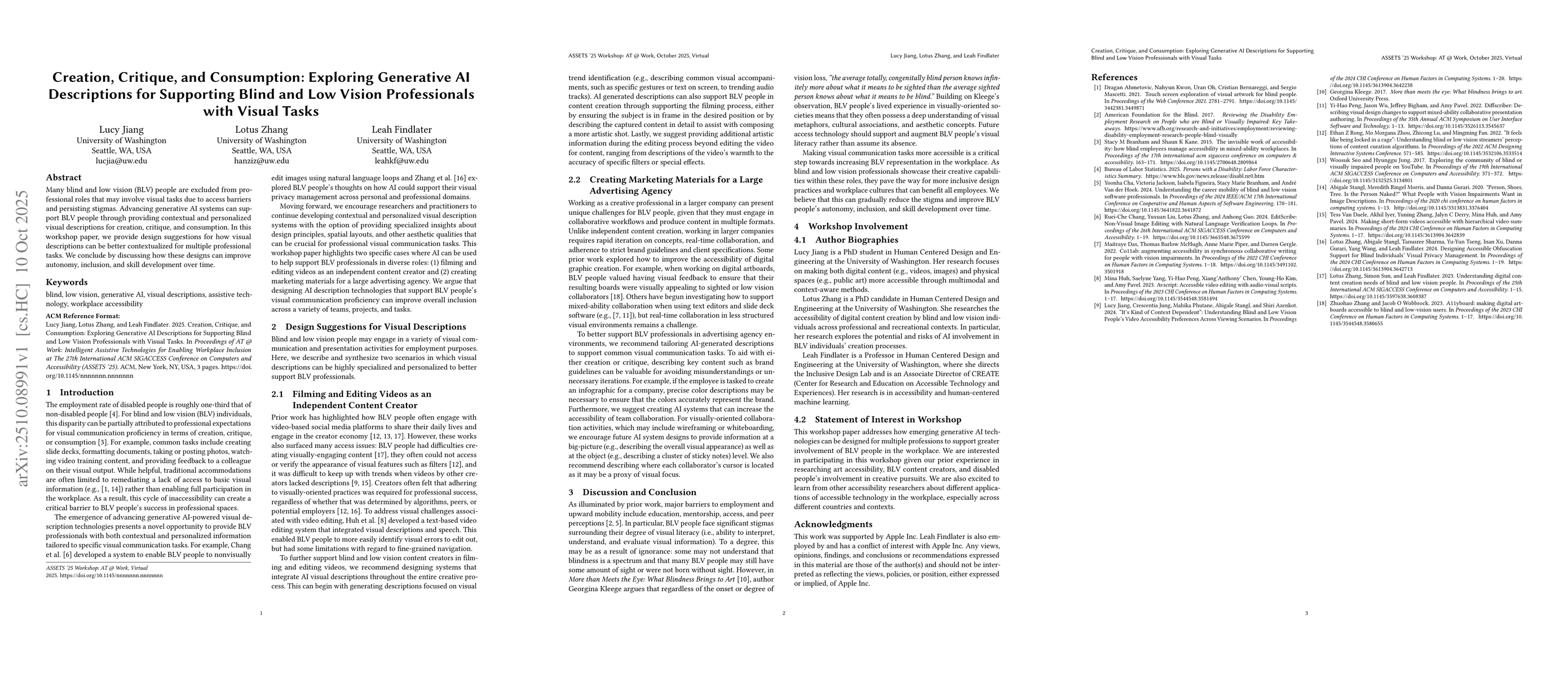 Thumbnail for Creation, Critique, and Consumption: Exploring Generative AI
  Descriptions for Supporting Blind and Low Vision Professionals with Visual
  Tasks