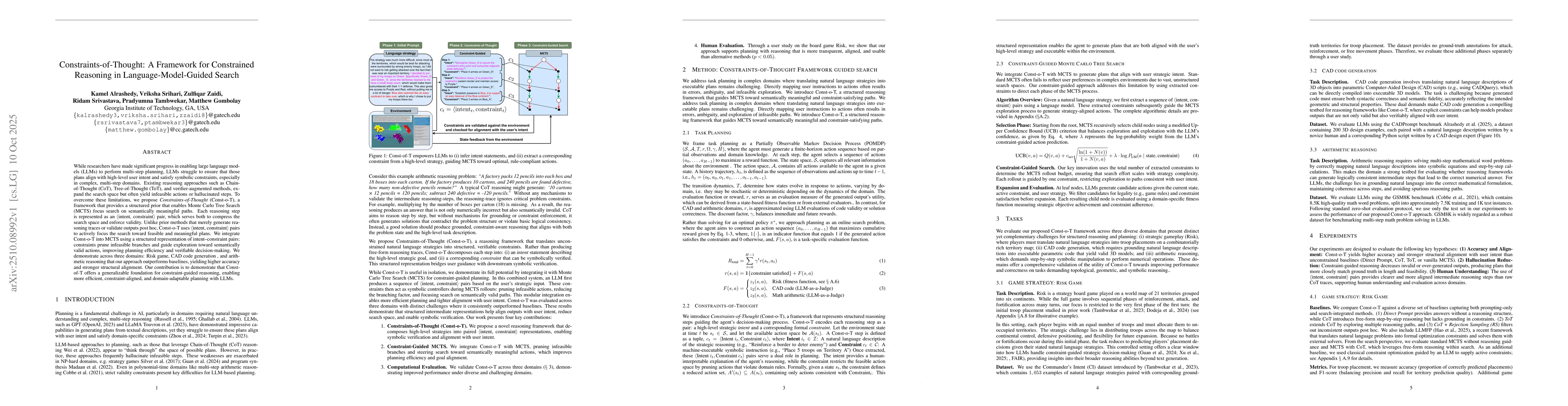 Thumbnail for Constraints-of-Thought: A Framework for Constrained Reasoning in
  Language-Model-Guided Search